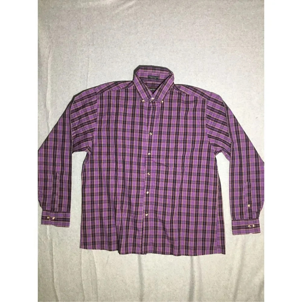 Mens Royal Knight Button Up Size Large Purple Plaid Casual Formal Country